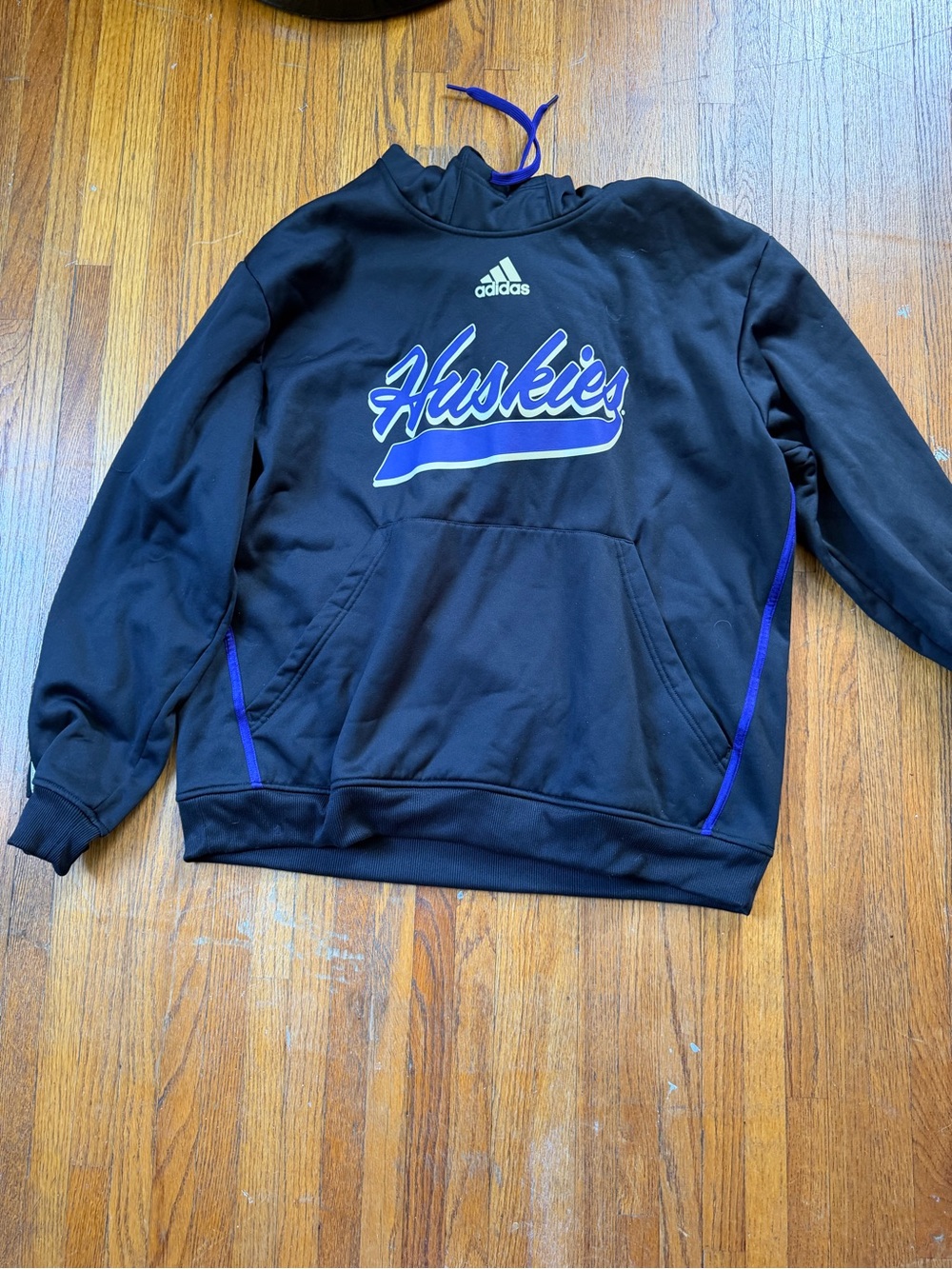 adidas Black Hoodie with Purple and White Huskies Script
